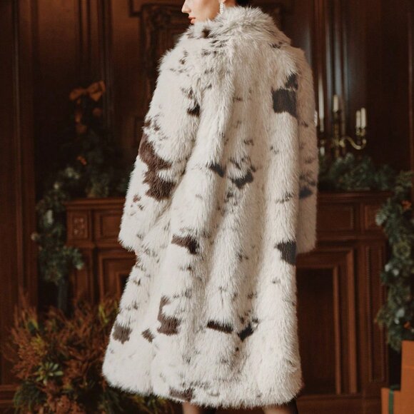 Beige Elegant Chic Women's Long Faux Fur Cow Print Coat - Picture 2 of 8